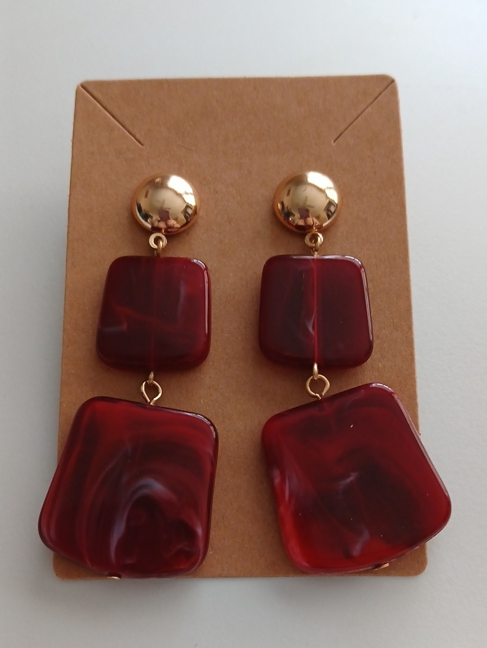 Fashion Jewelry Gold-Tone Earrings with Deep Red Resin Drops